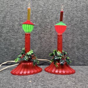 2 Vintage Red Plastic Electric Candlesticks Tested Working With Bubble Lights